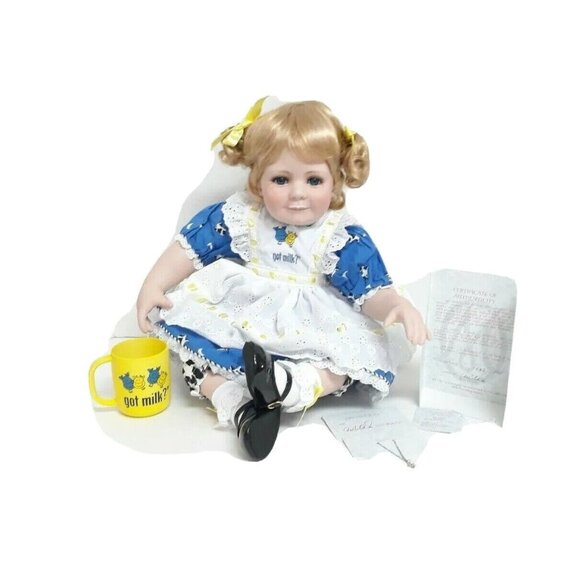 Marie Osmond Sitting Porcelain Doll 14" Got Milk Cows Cup Milk Mustache W/ COA - Picture 1 of 12